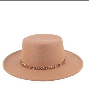 FLAT BRIM FELT HAT  WITH CHAIN ACCENT. NEW.